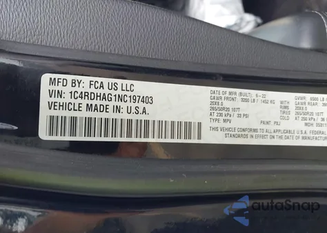 2022 Dodge Durango Sxt Rwd z USA, uszkodzony, nr VIN 1C4RDHAG1NC197403